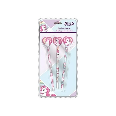 Conjunto 3 lápis com borracha Unicórnio