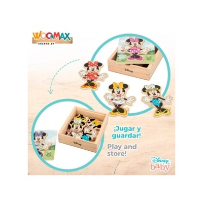 Brinquedo de madeira Disney Baby com personagens Minnie Mouse e caixa de armazenamento