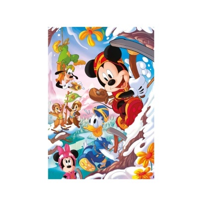 Personagens Disney em cenário de neve e flores