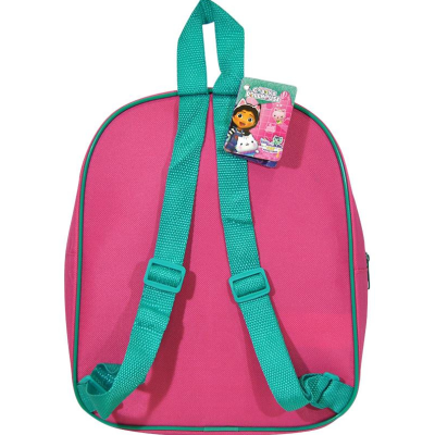 Mochila infantil rosa com alças verdes e etiqueta colorida de desenho animado
