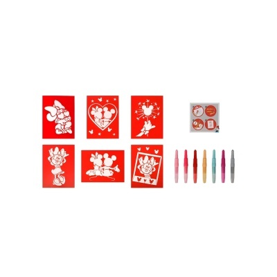 Moldes vermelhos com personagens Disney e marcadores coloridos