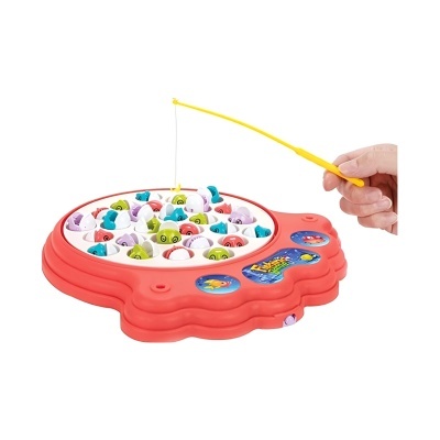 Jogo infantil de pesca com peixes coloridos e cana de pesca amarela