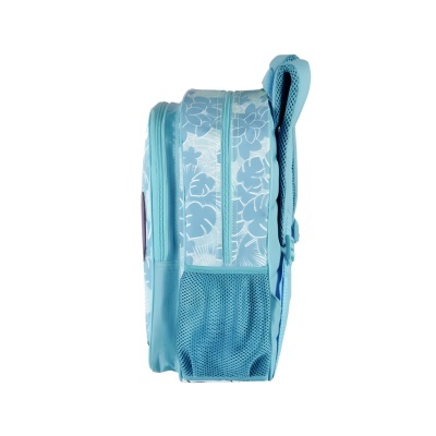 Mochila azul clara com padrão floral e bolso lateral em rede