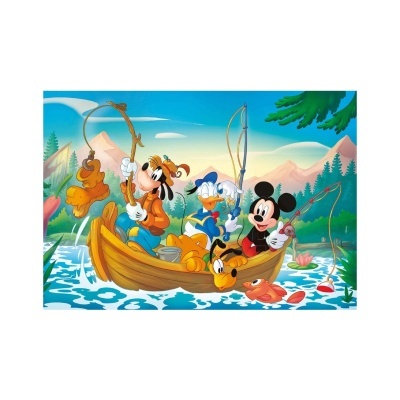 Quadro colorido com personagens Disney a pescar numa canoa num lago