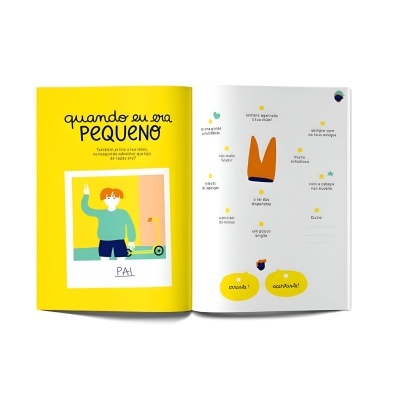 Livro infantil colorido com texto em português e espaço para preencher