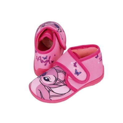 Chinelos infantis rosa com fecho de velcro e desenho de cervo e borboletas