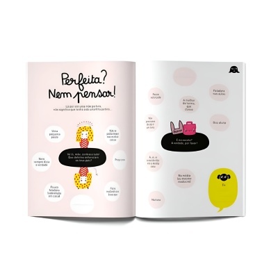 Livro aberto com texto em português e ilustrações coloridas em fundo claro