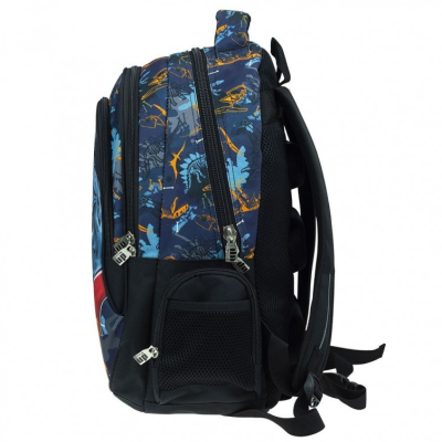 Mochila azul com padrão colorido e vários bolsos