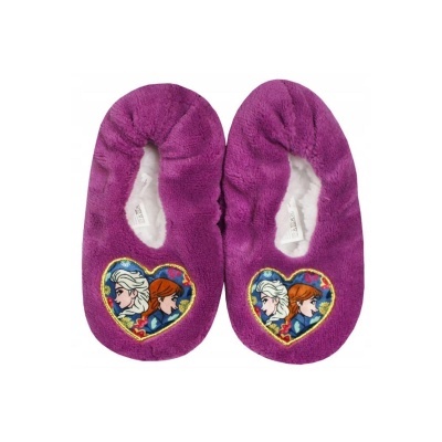 Pantufas roxas com bordado de Elsa e Anna em coração