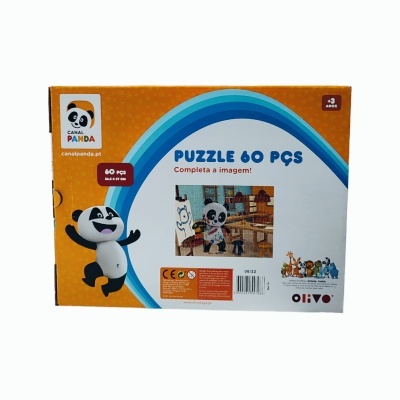 Caixa de puzzle 60 peças com imagem de panda animado e fundo laranja e azul
