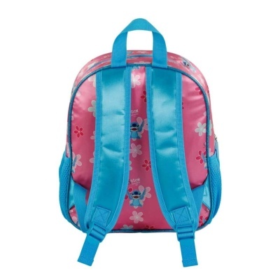 Mochila infantil cor-de-rosa com flores e alças azuis