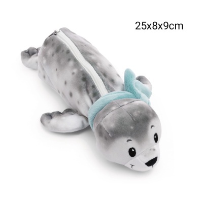 Estojo peluche forma de foca com fecho e fita azul