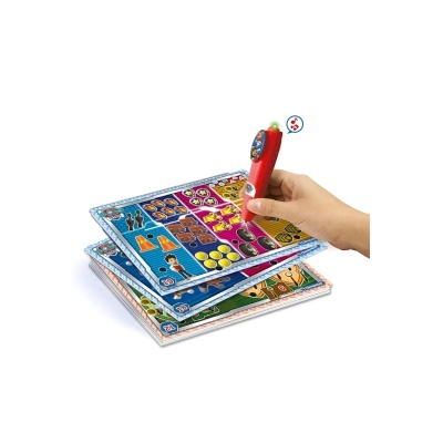 Livros infantis coloridos com lápis eletrônico interativo vermelho.