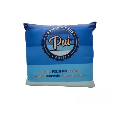 Almofada azul com texto e logo Pai