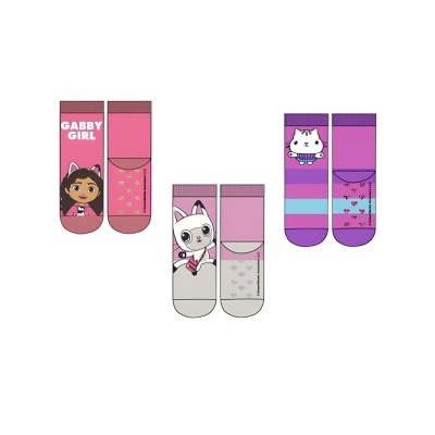 Três pares de meias coloridas infantis com personagens animadas e padrões variados.