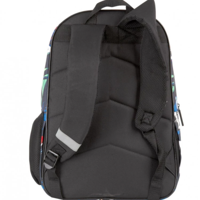 Mochila preta com alças acolchoadas e faixa refletora cinza