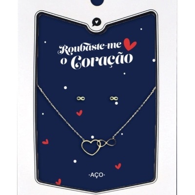 Conjunto colar e brincos corações e infinito - aço dourado “Roubaste-me o coração” | Noa Story