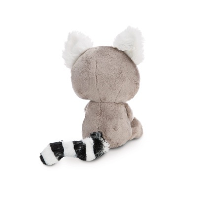 Pelúcia de animal cinzento com cauda riscada vista de trás