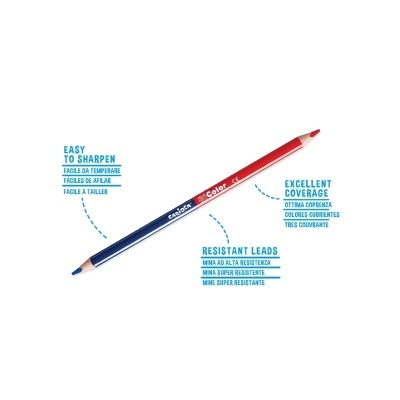 Lápis de cor azul com ponta vermelha e texto explicativo ao redor.