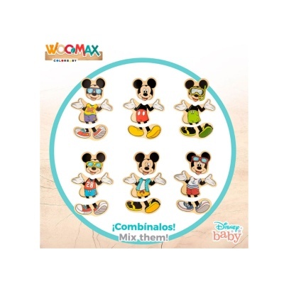 Ímanes coloridos do Mickey Mouse com diferentes roupas e texto promocional