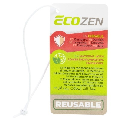 Etiqueta de produto ECOZEN com informações sobre durabilidade e material ambiental