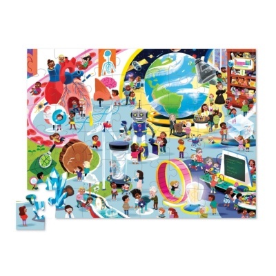 Puzzle ilustrativo de ciência com crianças, robô, globo, órgãos humanos e objetos científicos