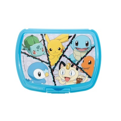 Caixa de plástico azul com personagens Pokémon na tampa
