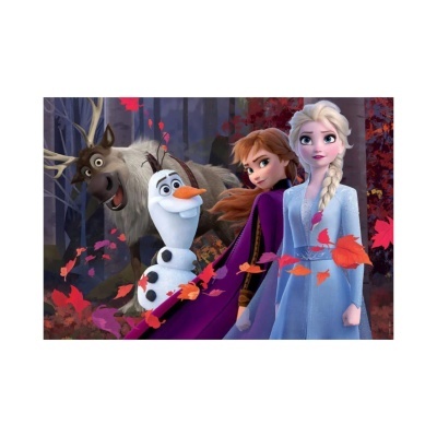 Personagens animados Sven, Olaf, Anna e Elsa na floresta com folhas vermelhas e castanhas