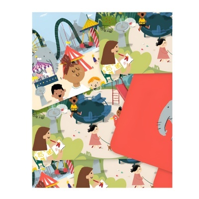 Papel de embrulho com ilustrações coloridas de parque de diversões e pessoas em estilo desenho animado