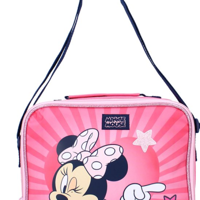 Bolsa rosa infantil estampada com Minnie Mouse e estrelas