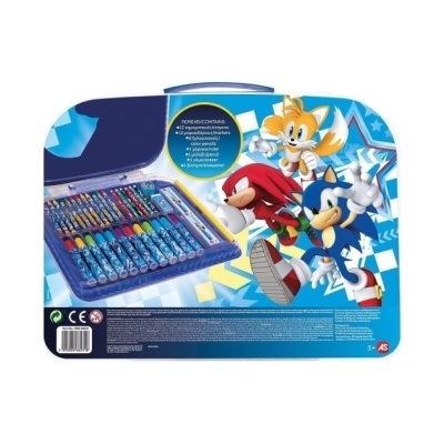 Estojo de Material de Desenho Sonic com personagens e vários acessórios coloridos