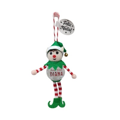 Enfeite de Natal duende tecido verde e vermelho com texto Feliz Natal e Diana