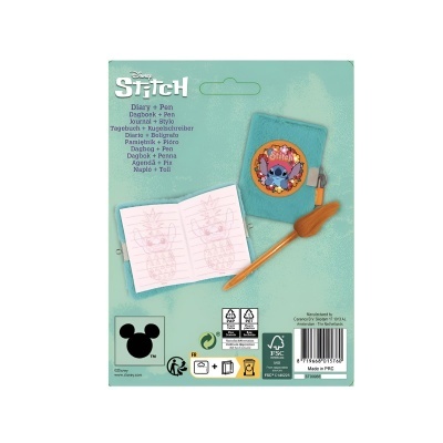 Caderneta pequena com desenho Stitch, bolso azul e pena de escrita em embalagem Disney