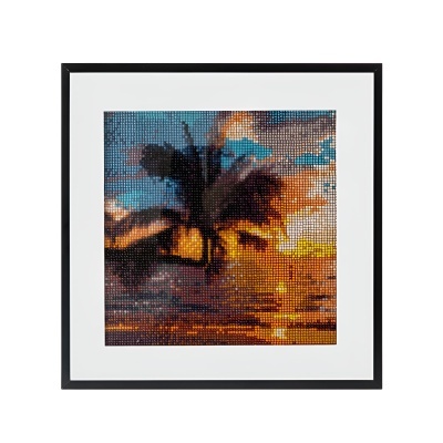 Quadro decorativo com imagem pixelizada de palmeira ao pôr do sol