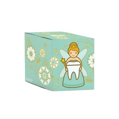 Caixa verde água com desenhos florais e fada do dente ilustrada