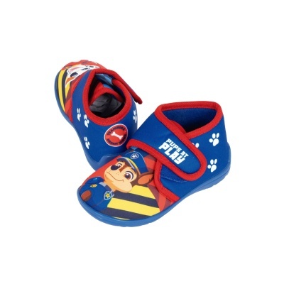 Sapatilhas azuis para criança com personagens da patrulha canina e fecho com texto SUPPLER PLAY