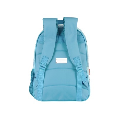 mochila azul clara para criança com alças acolchoadas e bolso lateral de rede