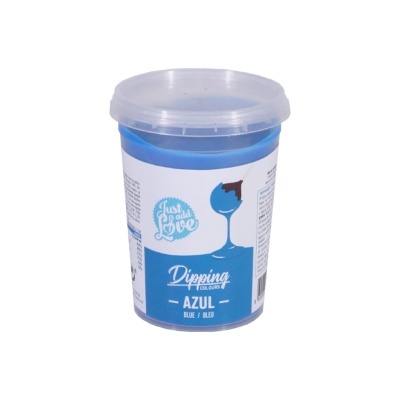 Pote plástico com produto azul e etiqueta azul e branca com texto. 