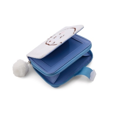 Carteira azul e branca com fecho e pompom, bordado de rosto