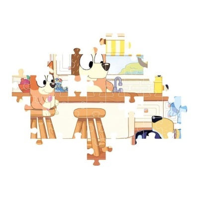 Quebra-cabeças com imagem de cães numa cozinha, incompleto