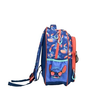 Mochila infantil azul com desenhos coloridos e bolsos zipados