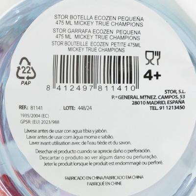 Base de garrafa Ecozen pequena com texto de reciclagem, código de barras e informações do fabricante