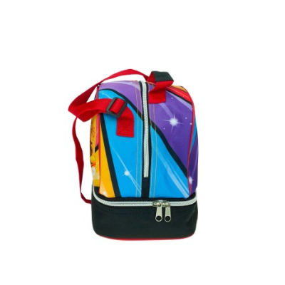 Mala de mão colorida com fecho de correr e alça vermelha