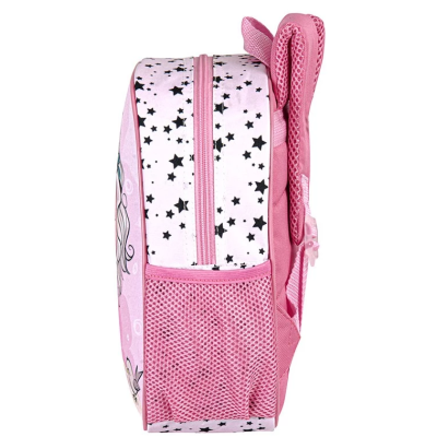 Mochila infantil rosa com estrelas pretas e bolso lateral em malha