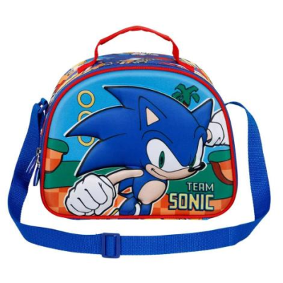 Bolsa infantil azul e vermelha com estampa do personagem Sonic e texto TEAM SONIC