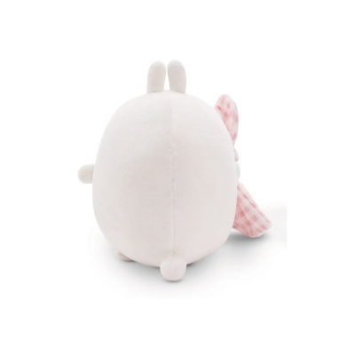 Pelúcia branca oval com orelhas e tecido rosa às riscas