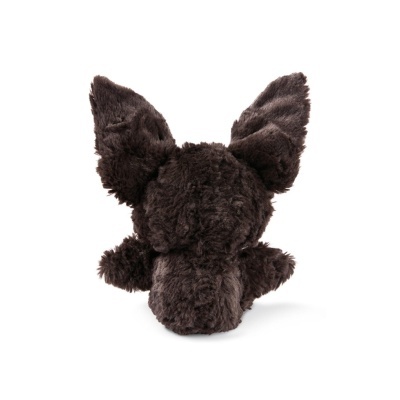 Pelúcia castanha escura de cabeça de animal com orelhas grandes vista de trás