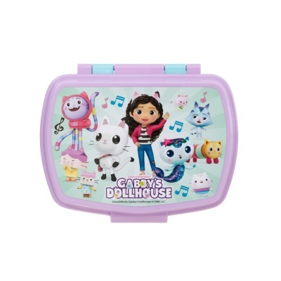 Caixa escolar lilás com imagem do Gabby's Dollhouse e personagens coloridos