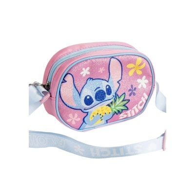 Bolsa rosa com personagem Stitch azul segurando ananás e flores, alça clara com letras