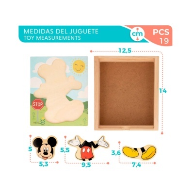 Conjunto de peças de madeira com personagens de desenhos animados e medidas em centímetros